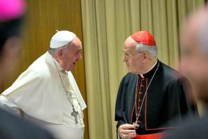 Pope Francis talks with Cardinal Peter Erdo of Hungary as arrives for the afternoon session of the synod on the family on Oct. 6.