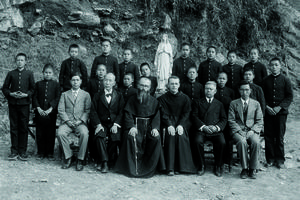 St. Maximilian Kolbe (bearded, in front row) and his companions in Nagasaki, Japan, in 1936.