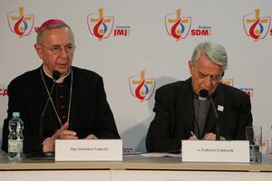 Archbishop Stanislaw Gadecki and Vatican spokesman Father Federico Lombardi speak to reporters in Krakow, July 27, 2016.