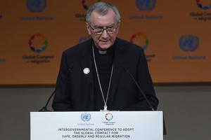 Cardinal Pietro Parolin, shown addressing the United Nations conference on migration in the Moroccan city of Marrakesh on Dec. 10, has said the U.N. ‘Global Compact on Migration’ comes at a ‘critical moment’ in history. 