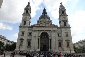 Above, the Basilica of St. Stephen; below, Hungarian Parliament Building, where St. Stephen's Crown is held; views of and from Esztergom basilica; tomb of Cardinal Mindszenty in the Esztergom crypt and monument to the cardinal next to that basilica.