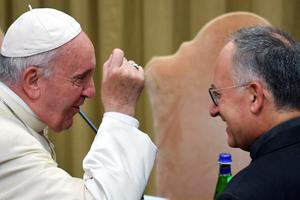 Pope Francis talks with Father Antonio Spadaro on the second day of the Special Assembly of the Synod of Bishops for the Pan-Amazon Region on Oct. 8, 2019 in the Vatican.