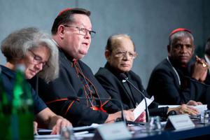 Cardinal Gerald Lacroix of Quebec speaks at a press briefing on the synod at the Holy See press office, Oct. 9, 2018.