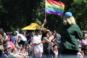 Residents of Australia wave flags during an LGBT event in Melbourne on January 14, 2018.