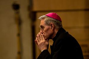 Archbishop Georg Ganswein, prefect of the papal household, prays after a Memorial Mass for the third anniversary of the death of Mother Angelica, Foundress of EWTN, on March 27, 2019.