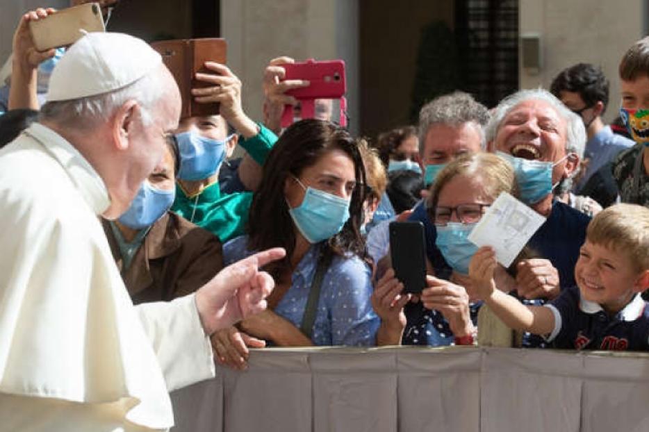 Pope Francis arrives for his general audience in the San Damaso Courtyard at the Vatican, Sept. 2, 2020.