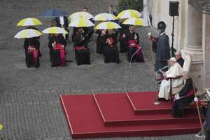 Pope Francis at his general audience in the San Damaso courtyard at the Vatican, Sept. 23, 2020.
