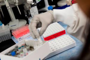 Dr. Nita Patel, director of antibody discovery and vaccine development, lifts a vial March 20 with a potential coronavirus vaccine at Novavax labs in Gaithersburg, Maryland. Novavax is one of the labs developing a vaccine for  COVID-19.