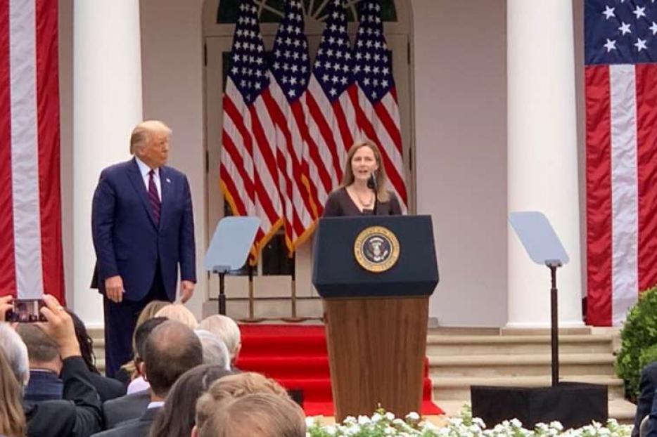 Amy Coney Barrett speaks as she accepts President Trump's nomination to the Supreme Court on September 26, 2020.