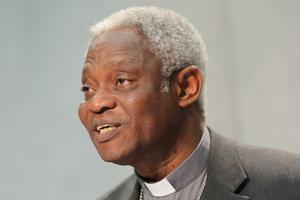 Cardinal Peter Kodwo Appiah Turkson, President of the Pontifical Council Justice and Peace at a press conference on Pope Francis' 2016 Message for the World Day of Peace in 2015.