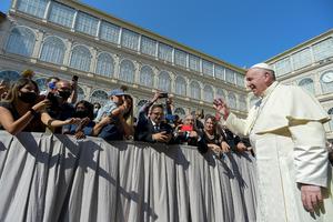 Pope Francis greeted pilgrims during the Wednesday general audience inside the San Damaso Courtyard of the Vatican Apostolic Palace on Sept. 16, 2020.