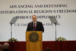 U.S. Secretary of State Mike Pompeo speaks at a symposium at the U.S. Embassy to the Holy See in Rome Sept. 30, 2020.