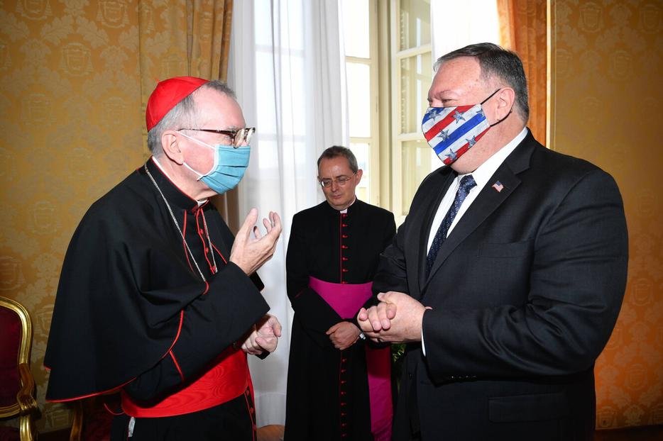 U.S Secretary of State Mike Pompeo meets Vatican Secretary of State Cardinal Pietro Parolin at the Vatican, Oct. 1, 2020.