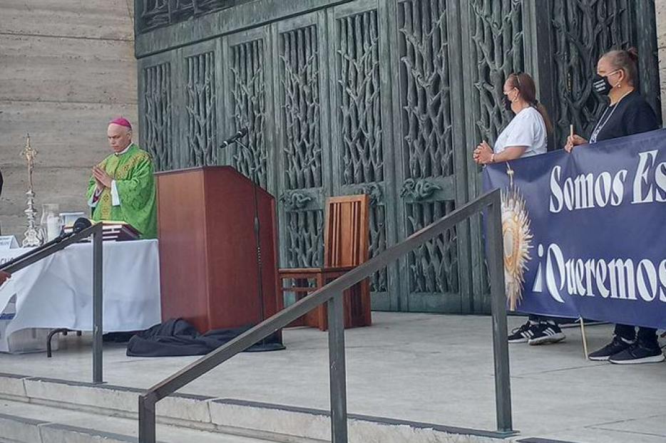 Archbishop Salvatore Cordileone celebrates outdoor Mass at St. Mary's Cathedral in San Francisco amid the coronavirus restrictions placed on the city, September 20, 2020.