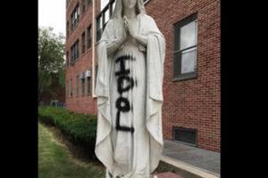 Statue of Mary outside Cathedral Prep School and Seminary, Queens, New York.