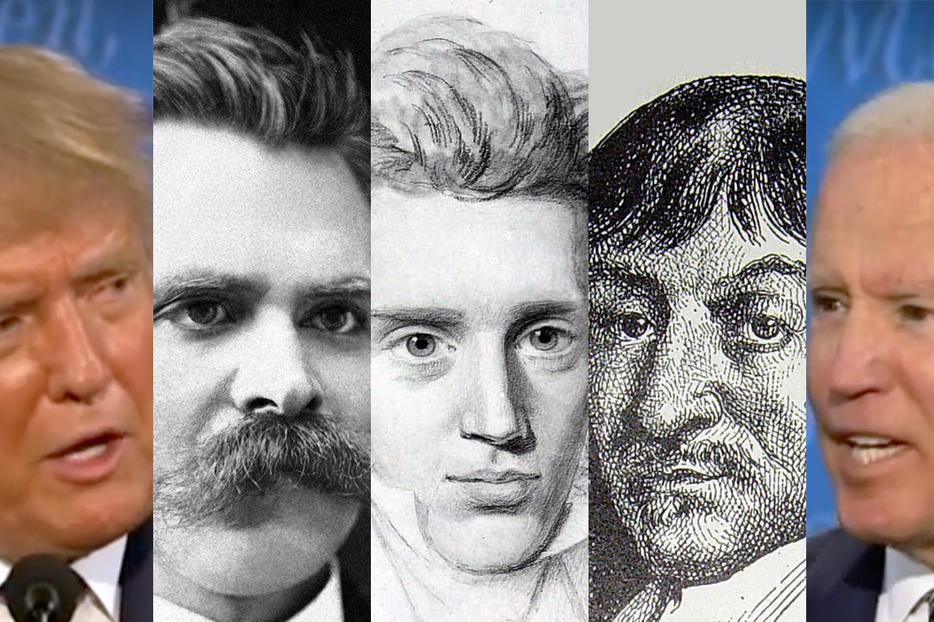 From Left to Right: (1) President Donald Trump; (2) Friedrich Nietzsche, expositor of nihilism; (3) existentialist philosopher Søren Kierkegaard; (4) rationalistic philosopher René Descartes; (5) former Vice President Joe Biden.