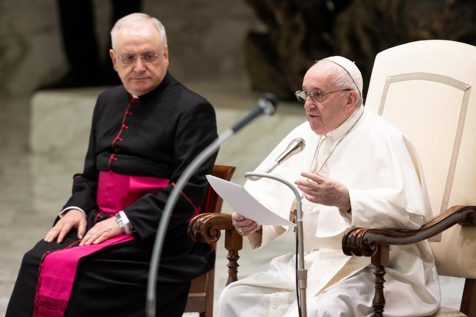 Pope Francis at his general audience in the Paul VI Audience Hall at the Vatican Oct. 14, 2020.