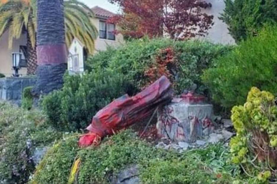 A statue of St. Junipero Serra, which was defaced and torn down by protesters Oct. 12, at Mission San Rafael Arcangel in San Rafael, California.