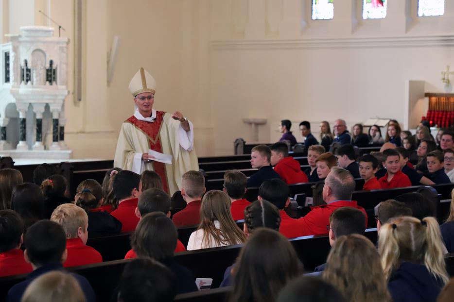 Bishop Thomas Daly speaking with students gathered for the 2019 Respect Life Mass.