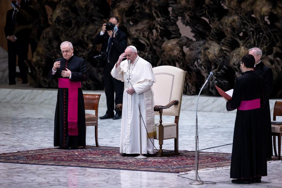 Pope Francis gives his general audience address in the Paul VI Audience Hall at the Vatican Oct. 21, 2020.