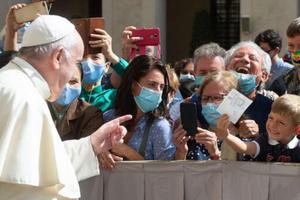 Pope Francis greets pilgrims during his weekly General Audience on September 22, 2020.