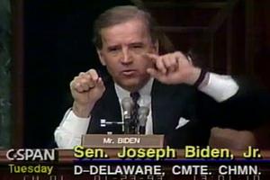 Sen. Joe Biden, shown asking questions at a Senate Judiciary Committee hearing in 1993, was elated the year before when ‘Casey’ was decided in 1992.