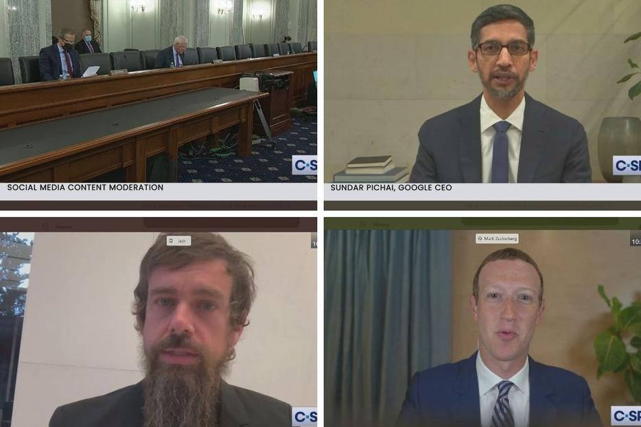 The Senate Commerce Committee held a hearing Oct. 28 to discuss Section 230 and censorship concerns with CEOs (clockwise from top right) Sundar Pichai of Google; Mark Zuckerberg of Facebook; and Jack Dorsey of Twitter.