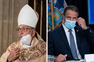 Bishop Nicholas DiMarzio attends NYPD mass honoring members died of COVID-19 at St. Patrick's Cathedral on October 5, 2020.   (R) Governor Andrew Cuomo makes an announcement and holds media briefing at 3rd Avenue office.