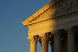 The front façade of the Supreme Court of the United States is shown in Washington, D.C.