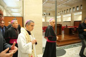 Cardinal Angelo Becciu at the Blessing and Inauguration of the Media Center and Pilgrimage Information Center for the Extraordinary Jubilee of Mercy on December 1, 2015.