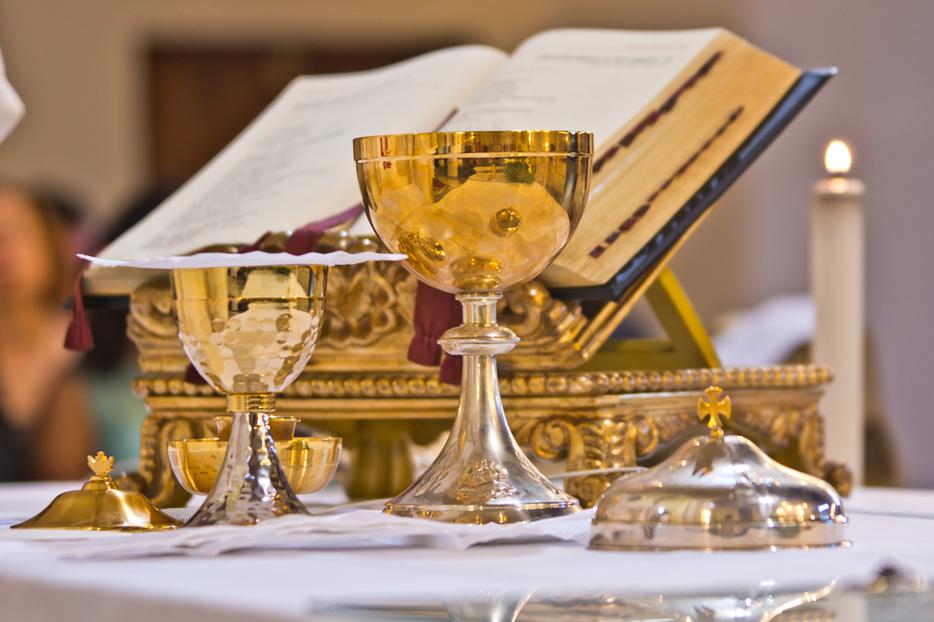 Close-up of an altar prepared for Mass.