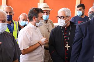 Maronite Archbishop of Beirut Paul Abdel Sater investigates damage at St. Michael Maronite Church in the Beirut neighborhood also named for the saint.