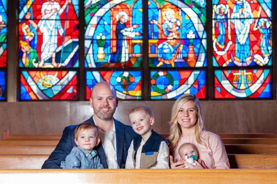 Tyler Rowley, shown with wife Nichole and children Gerard, Fulton, EveMarie, uses lessons from football in his pro-life and speaking endeavors.