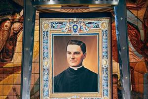 Tapestry with the image of  Blessed Michael McGivney hangs in the Cathedral of St. Joseph in Hartford, Connecticut, on Oct. 31 during the beatification ceremony of the priest who founded the Knights of Columbus.