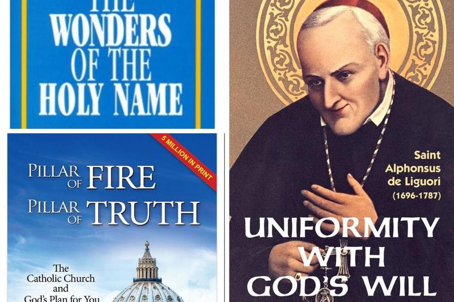 Clockwise from top left: ‘The Wonders of the Holy Name,’ ‘Uniformity With God’s Will’ and ‘Pillar of Fire, Pillar of Truth’ are just some of the best-selling ‘tracts’ that have bolstered the faithful and offered evangelization opportunities over the years.