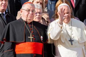 Pope Francis poses with Cardinal Dominik Duka, Archbishop of Prague, Czech Republic, after the Wednesday general audience in St. Peter's Square, Nov. 13, 2019.