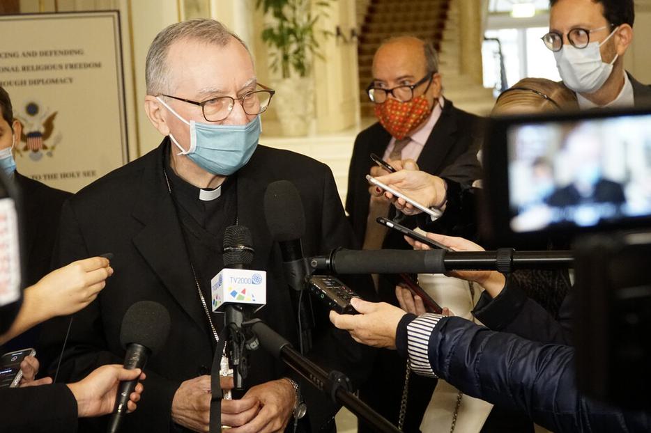 Vatican Secretary of State Cardinal Pietro Parolin talks to journalists after a symposium organized by the U.S. Embassy to the Holy See in Rome Sept. 30, 2020.