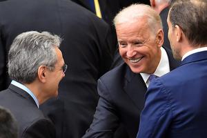 Joe Biden is pictured at the end of an audience of Pope Francis with the participants of the International Conference on the Progress of Regenerative Medicine and Its Cultural Impact, on April 29, 2016, at the Paul VI audience hall at the Vatican.