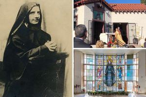 Clockwise from left: A portrait of Mother Frances Cabrini, the 2019 Mother Cabrini Mass at St. Frances Xavier Chapel in Burbank, California, and a stained-glass window bearing an image of the saint at the St. Frances Xavier Cabrini Shrine in New York attest to the enduring legacy of this beloved saint.