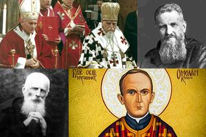 Clockwise, from upper left: Servant of God Josyf Slipyi with Pope St. John Paul II; Venerable Andrey Sheptytsky; Blessed Omelian Kovch; Blessed Klymentiy.