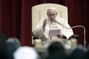 Pope Francis speaks during the Wednesday general audience inside the San Damaso Courtyard of the Vatican's Apostolic Palace, Sept. 30, 2020.