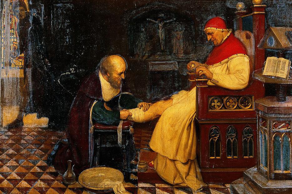 Ernest Board, “Guy de Chauliac Bandaging the Leg of Pope Clement VII at Avignon” c. 1348