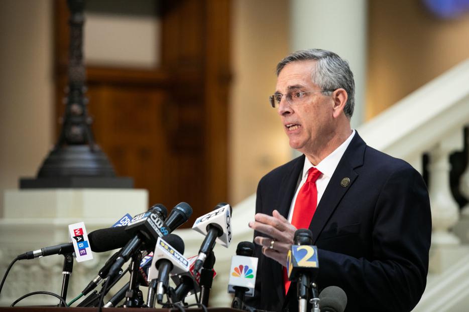 Georgia Secretary of State Ben Raffensperger holds a news conference on the status of ballot counting on Nov. 6 in Atlanta. On Nov. 11 he announced an audit of presidential election results, resulting in a full hand recount.