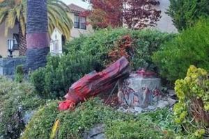 A statue of St. Junípero Serra was defaced and torn down by protesters Oct. 12 at Mission San Rafael Archangel in San Rafael, California.