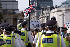 Metropolitan police officers at a protest against Covid-19 lockdown restrictions in Trafalgar Square on September 19 2020.