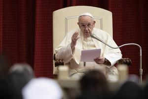 Pope Francis speaks during the Wednesday general audience inside the San Damaso Courtyard of the Vatican's Apostolic Palace, Sept. 30, 2020.