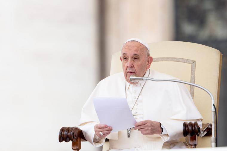 Pope Francis speaks during the Wednesday general audience in St. Peter's Square on Feb. 26, 2020.