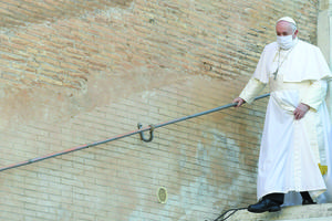 Due to a spike in coronavirus cases in Rome and Europe, Pope Francis will celebrate Advent and Christmas liturgies via livestream. Just as for Lent and Easter, the liturgies will be held before a limited congregation. The Holy Father is shown above Oct. 20 wearing a protective face mask while attending a Prayer for Peace initiative in Rome.
