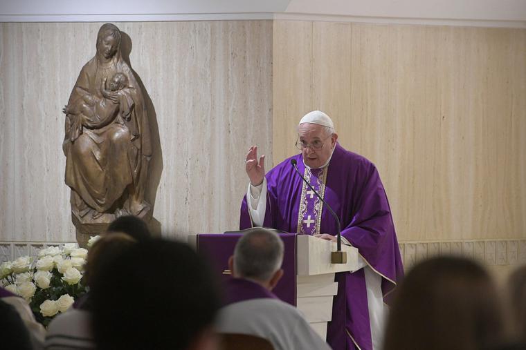Pope Francis celebrates daily Mass during Advent in the chapel of the Casa Santa Martha inside the Vatican on Dec. 16, 2019.