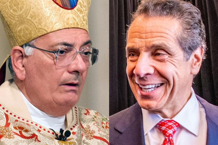 LEFT: Brooklyn Bishop Nicholas DiMarzio in 2012 [U.S. Army Photo by Staff Sgt. Teddy Wade/Released]. RIGHT: New York Governor Andrew Cuomo in 2019 [CC BY 2.0/Chris Rank for Rank Studios/Flickr/Wikimedia Commons].